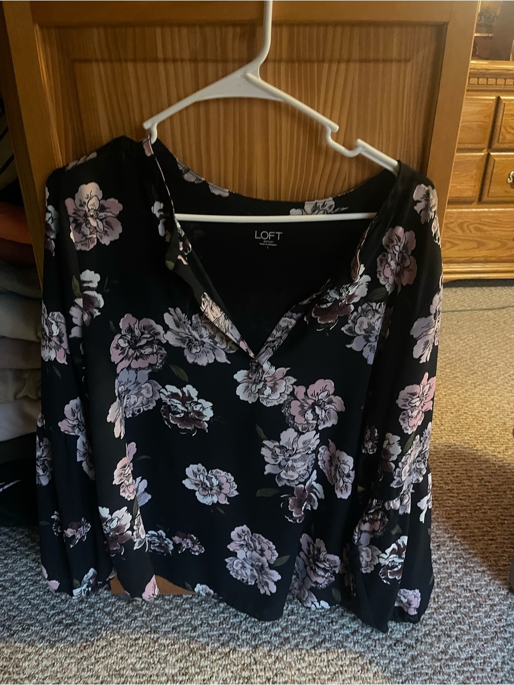 LOFT Black Blouse with Pink Floral Print
